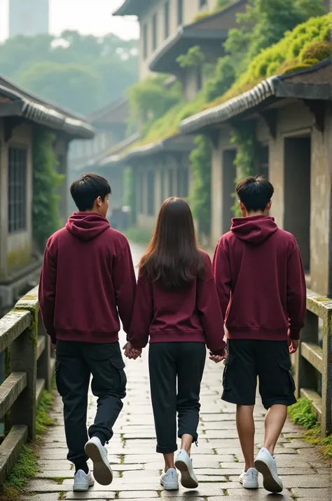  Make the most beautiful Korean woman with long brown straight hair and Korean men hanging out wearing a maroon red Hoodie, in short black cargo pants ,  in white Nike shoes walks hand in hand on the bridge behind him old buildings full of plants and moss ...