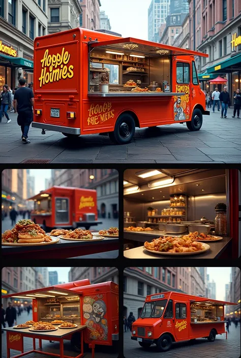 A food truck, brand name homies, with attractive coloour in hip-hop theme with cold kitchen vibe just like before, photos of it operating