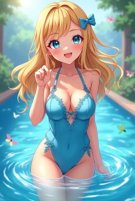 Anime loli one-san, long blonde hair, rosy cheeks, swimsuit blue, aura blue, fantasy