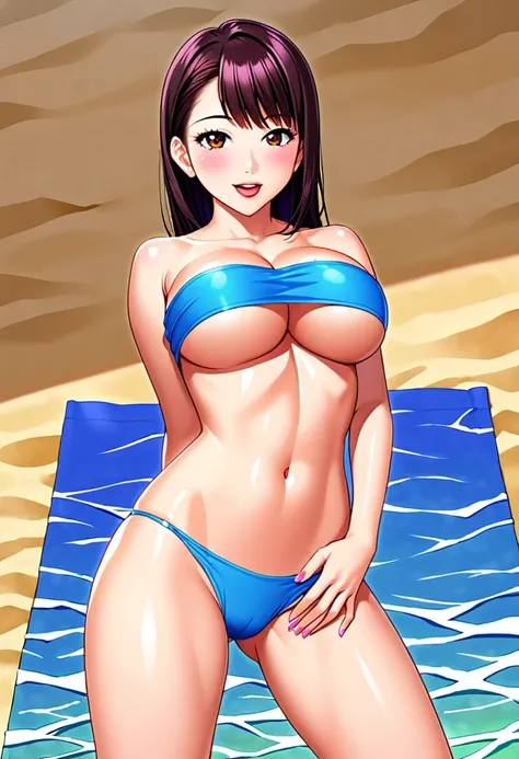 Anime style, source_anime, hot busty asian japanese girl, (in Beach), (panties, cropped strapless open underboob), (sexy pose),