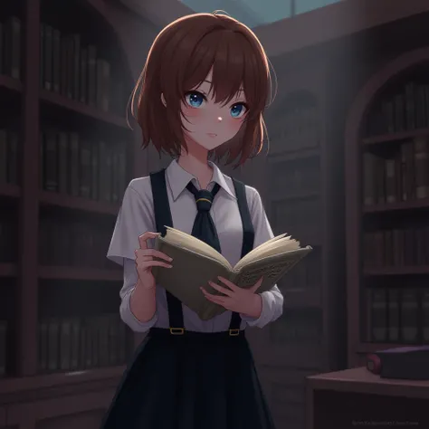  Girl,  Light Blue Eyes ,  Brown Hair ,  facing sideways,  Bookroom,  read a book ,  character design, Harry Potter,  Magic World ,  Black Skirt Set, emotionless face color, SMALL SILVER CRESCENT MOON EARRINGS, Virtual