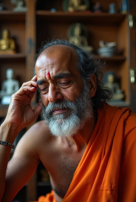 "A close-up of Acharya Raghavan, his face filled with anguish and disappointment. His eyes are closed in deep sorrow, and his hand is clutching his head. The room around him is decorated with spiritual artifacts, but his expression reflects internal turmoi...