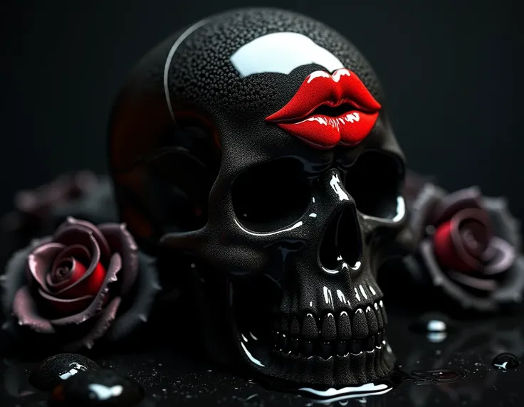 side view high detail red lip imprint on the forehead of a shiny black liquid skull, with a glossy texture showcasing intricate patterns, black roses enclosed positioned at an angle to emphasize the depth, black background, dramatic artistic lighting illum...