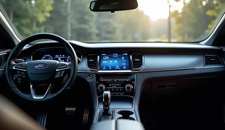 A stunning and sleek high quality image of Ford Taurus interior steering wheel and infotainment system showcased