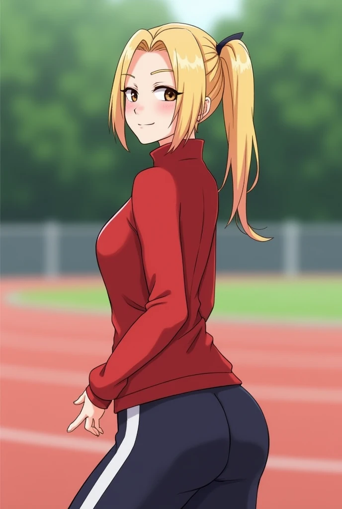 @Whiplashaarts, BlackWhiplash, 1 mature woman, smile, waist up, from behind, shaking ass, blonde hair, facing_viewer, detailed face+brown eyes:1.3, closed mouth, wearing a tracksuit, outdoors, background: track and field track,