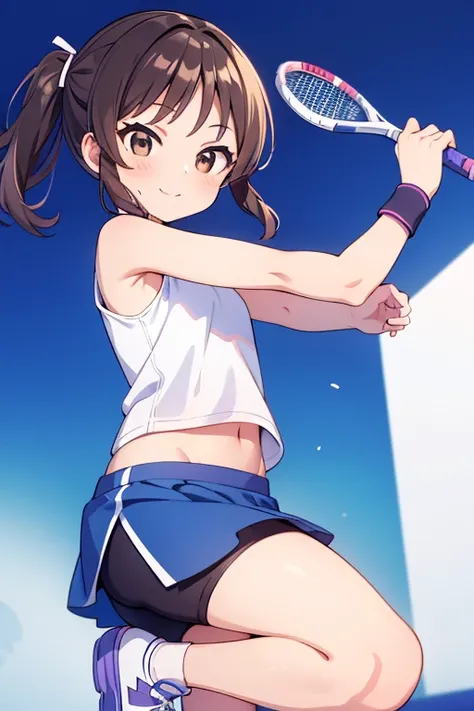  looking at camera　front　　 lower angle 　　１ girls　Cute gym clothes　cute workout clothes 　Skort　Bloomers　　 squats　　　テニSkort　Hold a tennis racket neatly　  best smile 　Soft Shadows　 top quality ,  Masterpiece  ,  super high res,