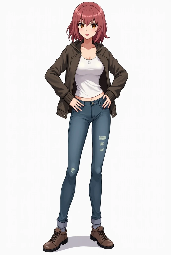 a woman in jeans and a jacket is standing with her hands on her hips, full body details, single character full body, full body portrait of a short!, female full body, zoomed out full body, full body female, visual novel sprite, !!full body portrait!!, full...