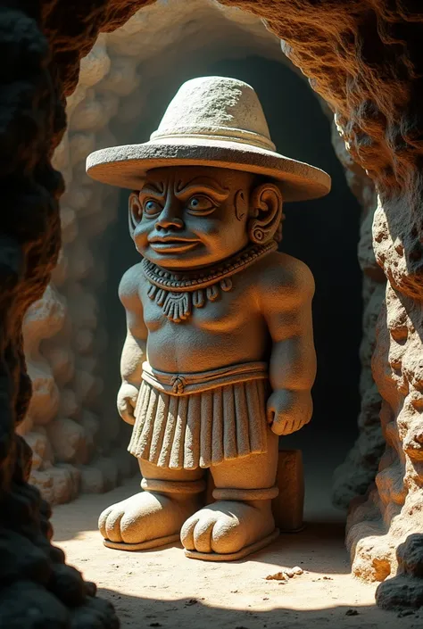 there is a statue of a man in a hat in a cave, cinematic cgsociety, in the art style of quetzecoatl, still image from the movie, giant head statue ruins, inspired by Karel Dujardin, inca themed smooth, travel ad, the witness