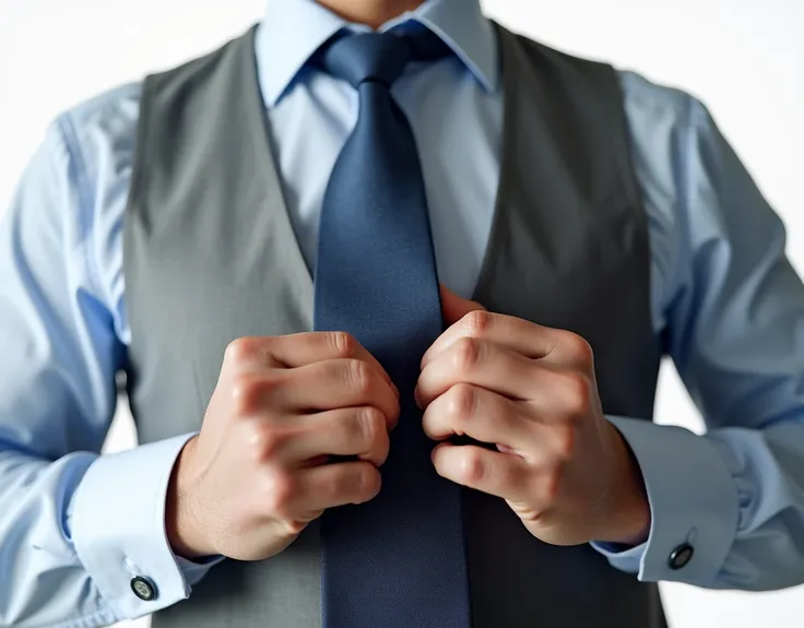 pov a man is tidying up his tie, close up of his hand only, advertisement, studio lighting, bright white ambient, Use a wide-angle lens with a focal length of 50mm and set the aperture to f/6.4, Use a tripod to keep the camera steady, super sharp image, hi...