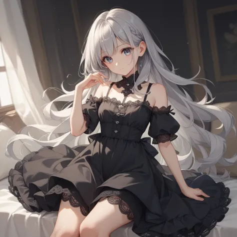  cute girl、 black dress、Shoulders are open、 Lace Skirt 、 Silver Hair、 long hair、 tousled hair