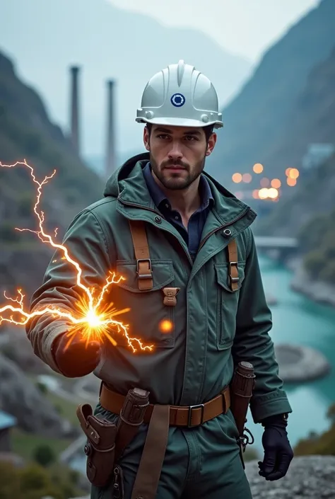  A white electrical engineers helmet and clutching a lightning bolt that looks like a superhero but with his engineers clothes, with a background in the middle of the city and behind a hydroelectric power plant .....