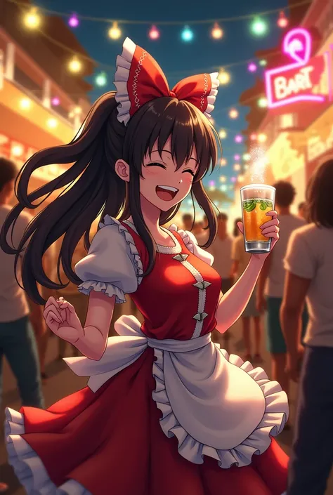 Reimu hakurei in a mexican party and she is drunk ,a black truck chevrolet was coming to the place