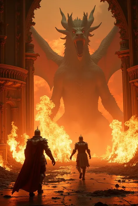 Create a stage set on fire by a dragon and 2 knights fleeing from it 