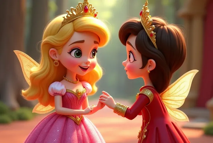 A beautiful little princess Aaira (cartoon character)with yellow hair and wearing sparkly pink and gold gown .Aaira returned the crown to the Fairy Queen ,with the sparkling wings and wearing red and gold royal gown with dark brown hair without crown,who s...