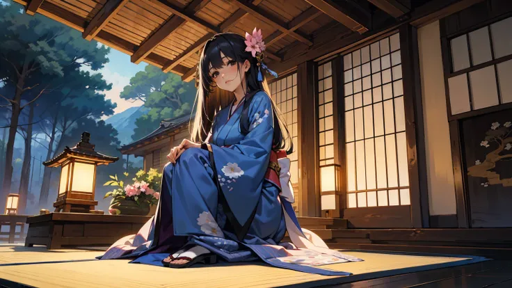 a girl,1girl,black long hair with ancient Japanese-style,black eyes,wearing blue kimono with blossom patterns, sitting, play shamisen,background:night,an ancient Japanese-style wooden house. half body style picture,look at viewer. warmth light, candles lig...