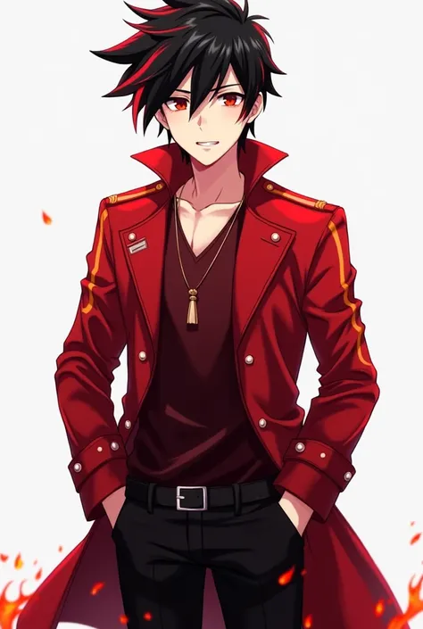 Anime boy, name Bryan, he is 20 years old, his hair is black short spiky hair with high red tips, his eyes color red, and his outfit is Red Leather Trench Coat with three separated coattails and flame print, Dark Red sleeveless vest from underneath the coa...