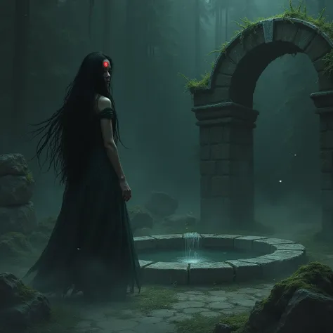 "A mysterious woman with a red circle bindi and long black hair slowly stands up near an ancient, eerie well. Her movements are unsettling, and in a hauntingly calm voice, she asks, Why have you come here?"

