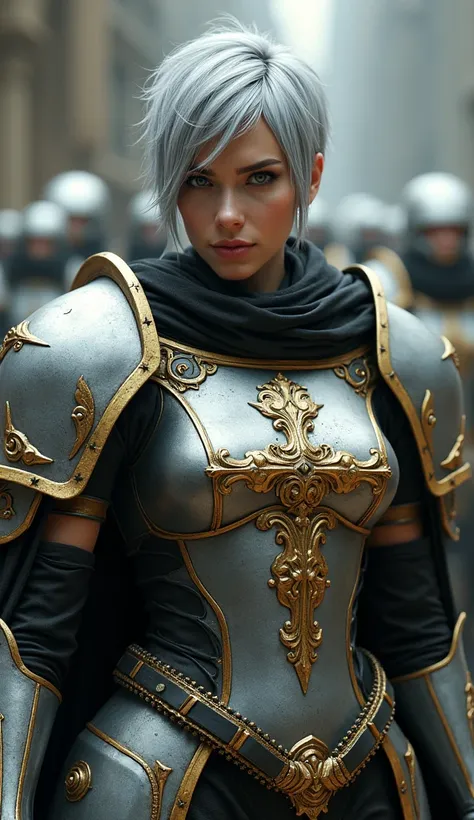 Warhammer 40000, Adeptus Sororitas, short gray hair, pixie hairstyle, silver power armor with a golden pattern, Persian appearance, Gal Gadot.