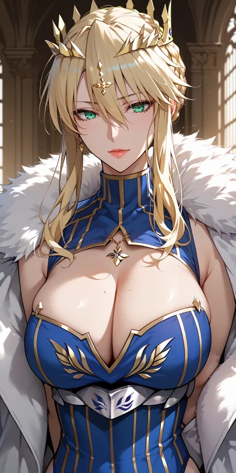 Score_9, Score_8_up, Score_7_up, Source_anime, anime art, very aesthetic, masterpiece, high quality, 1girl, mature female, blonde hair, braid, Artoria pendragon (lancer) (fate), sleeveless blue leotard, cutout cleavage, upper body, stunning visual cg, dyna...