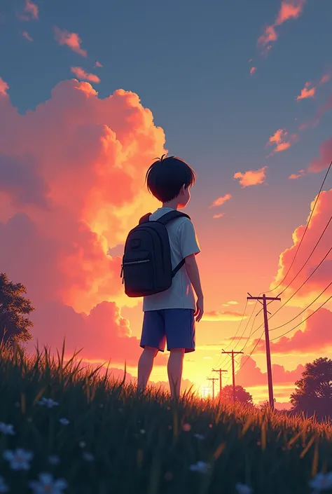 /imagine prompt: 3D, personality: [Illustrate a wide shot of a young boy standing alone on a grassy hill, facing away from the camera. He has short black hair and is wearing a white shirt and blue shorts. The sky is a mix of clouds and a vibrant sunset, ca...