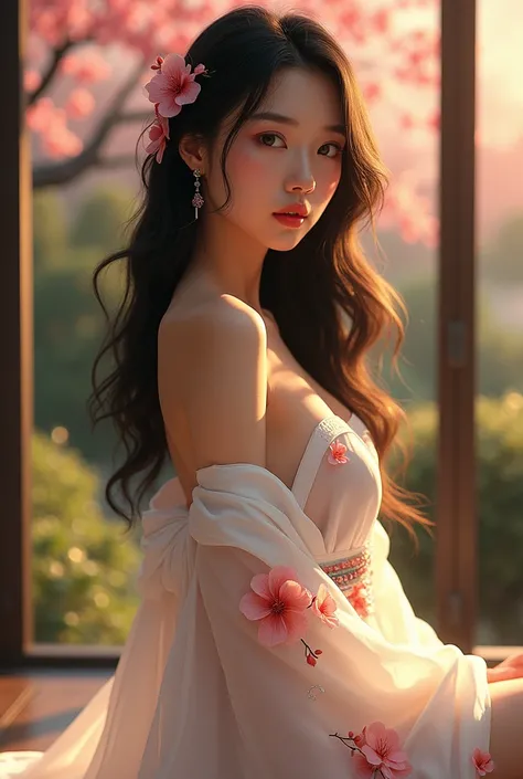 a beautiful asian girl with long silky hair, detailed facial features, big bright eyes, full lips, flowing hair cascading down, elegant pose, intricate kimono with cherry blossom patterns, serene outdoor garden setting, golden hour lighting, cinematic comp...