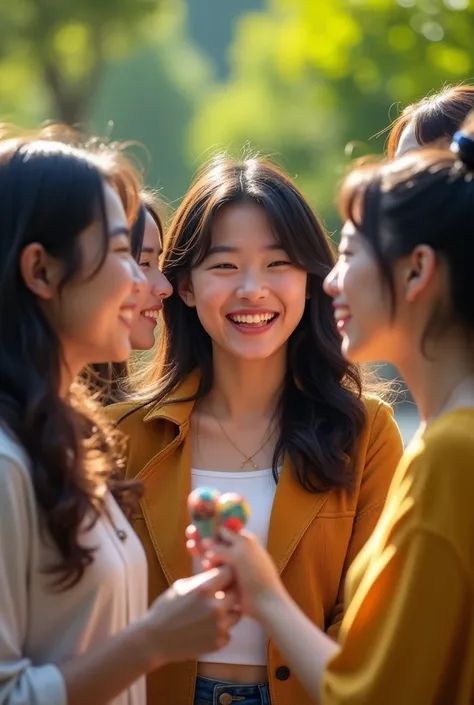 realistic photo, an Asian girl, happy, laughing together with 4 friends