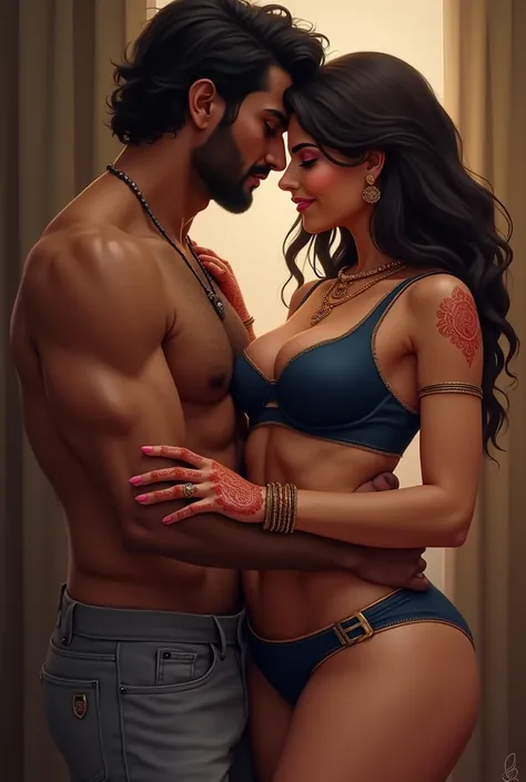 A hot matured married indian wife wearing dark blue bra and cut panty also always jewelry and bangles on both hands and mehendi on hands touching the tight abs of her husband who is masculine strong with broad chest touching the hips of his wife.. ( give s...