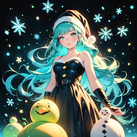  One girl ,Chibi、  best details、 cute、  Neon Color Gradient Hair Color、White and Black Santa Claus Dress  、  snowman、  Snowflake  、 fantasy、  absurd、 neon lights enhance the  cuteness、世界一 cute絵、  Christmas light 、  proximity method 、  view from below、