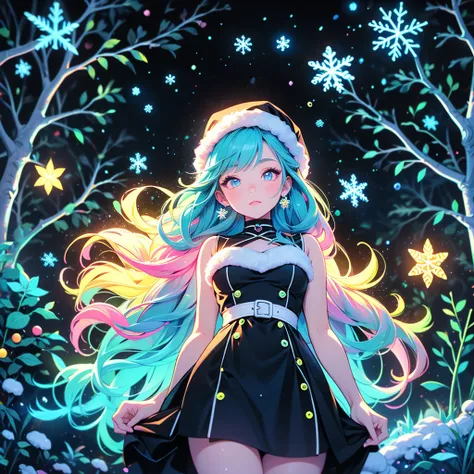  One girl ,Chibi、  best details、 cute、  Neon Color Gradient Hair Color、White and Black Santa Claus Dress  、  snowman、  Snowflake  、 fantasy、  absurd、 neon lights enhance the  cuteness、世界一 cute絵、  Christmas light 、  proximity method 、  view from below、