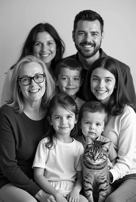 Black and white photograph of a family of eight people and a cat looking in front of the camera, smiling.
 A 68-year-old woman , 
a 67-year-old man ,
A 41 year old woman,
a  boy,
A ,
 a  ,
 A four-year-old boy ,
 A two-year-old baby 
And a cat
, a baby and...