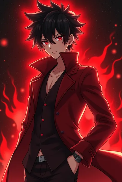 Anime boy, name Bryan, he is 20 years old, his hair is black short spiky hair with high red tips, his eyes color red, and his outfit is Red Leather Trench Coat with three separated coattails and flame print, Dark Red sleeveless vest from underneath the coa...