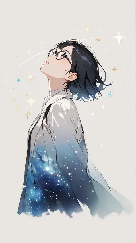 Black hair, glasses, looking up at the stars