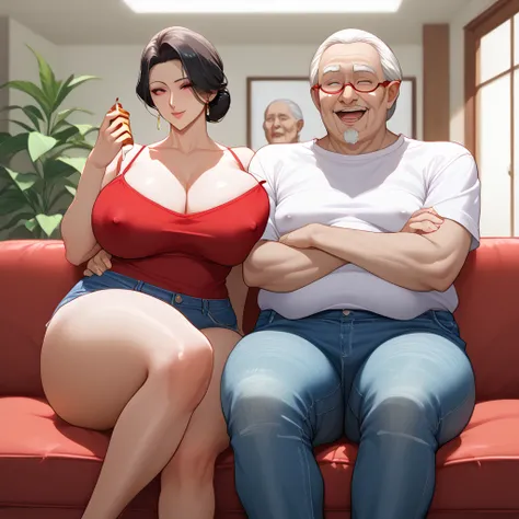    score_9,    score_8_up,    score_7_up, sauce_Anime, 1、１ female students、１Old man 、 women with dark hair 、 mature woman 、 very big breasts 、K-cup bust、 very big butt 、Red face、 ashamed、 camisole and cut jeans 、 two people sit on the couch 、 old man opens...