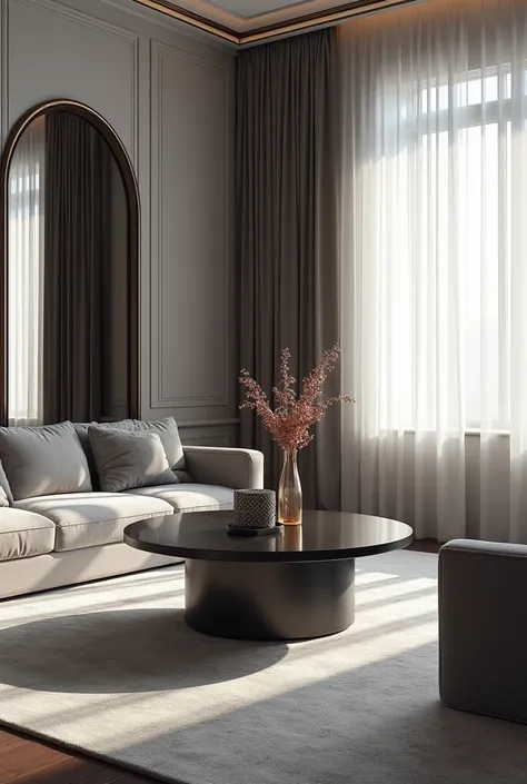 PROFESSIONAL ARCHITECTURAL 3D RENDERING OF INTERIOR DESIGN OF A ROOM WITH GLOSSY GREY AND EXPENSIVE VELVET FURNITURE AND DARK GREY AND GLOSSY STEEL MIDDLE TABLE AND WHITE SILK CURTAINS