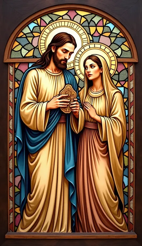 Create for religious themed pyrography with Jesus and Mary as a sketch in the form of stained glass 