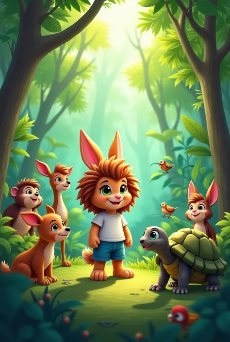 1. Jungle Gathering Scene:
"A lush green jungle filled with various animals gathered in a clearing. At the center stands a cute rabbit cub with large, fluffy mane, big green eyes, wearing a white T-shirt and blue shorts. Beside the rabbit is a calm tortois...