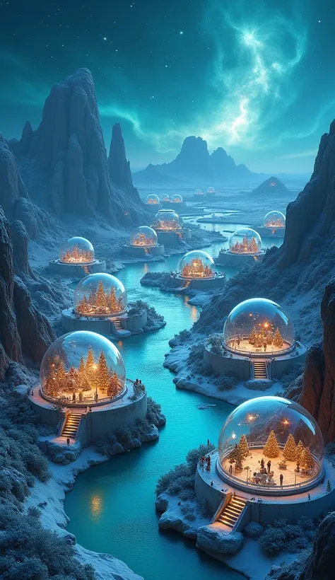 
Set Against Uranus Vast blue sand desert, Domehaven rises like glimmering oasis. transparent glass Domed Cities Sprout from the ground, eavh dome look like a snow globe, with snow and Christmas decorations. 

Domes look like beautiful snow-globes in the t...