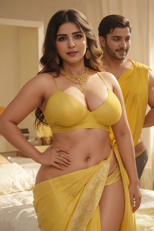 daytime view, image of samantha , surrounded by naked mens. wearing yellow thin fabric cotton transparent saree, doggy style position on bed , ,looking to camera, big and curvy cheeks, hourglass figure, sexy navel, deep cleavage,swooping breasts, ponytail,...