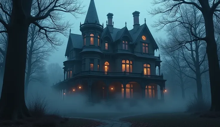 Hyper-realistic image of a Victorian mansion at dusk, surrounded by a misty forest, its windows glowing faintly with dim yellow light, casting ominous shadows.