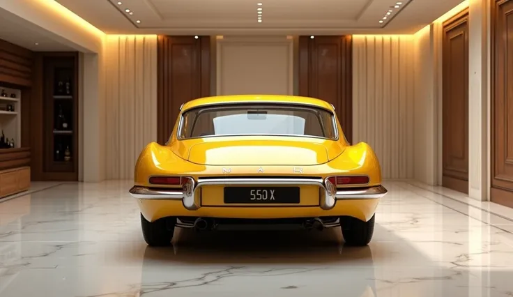 Ultra realistic image Of  2025 Citroen DS21 Coupe in Yellow  colour standing in luxurious showroom straight back View