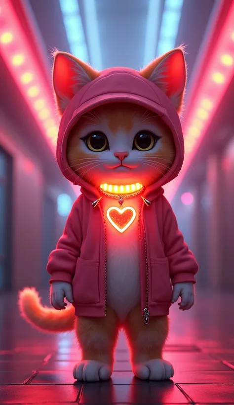  8k octane ,  Illustrations , anime, movie, movie shooting,  digital art , 
 A kitten with a big head and sharp eyes 。 wearing a dance disco costume and standing in front of you in 2 pairs。 wearing a cap with ears out 。 A heart necklace around her neck ill...