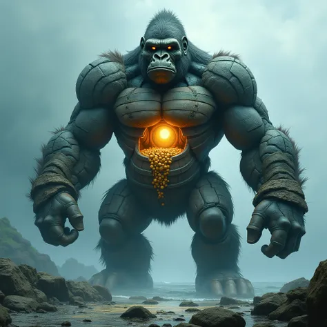 "A massive golem-like creature shaped as a gorilla fused with the wreckage of a ship split in half. The body and limbs of the gorilla are made of rugged stone, with large spherical boulders embedded in its chest, resembling powerful pectoral muscles. The s...