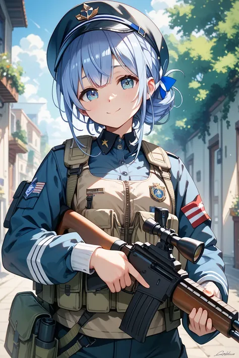 Hololive Suisei Hoshimachi, holding M110 Marksman rifle, tactical outfit.