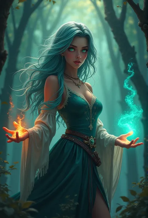 (best quality,4k,8k,highres,masterpiece:1.2),ultra-detailed,(realistic,photorealistic,photo-realistic:1.37),female with glowing teal eyes,rainbow colored hair,casting glowing spells,mystical forest,illustration,enchanted atmosphere,vibrant colors,soft ligh...