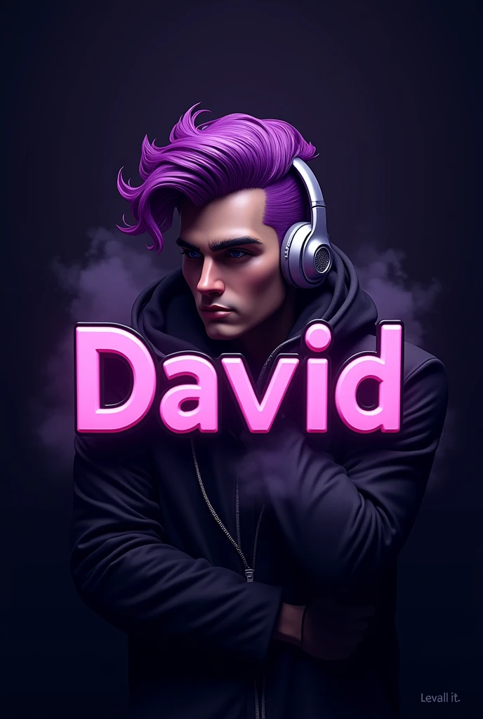 3D Work David Text Logo Design Purple Hair Men Wearing Cool Earphones With Smoke Purple Black Tone