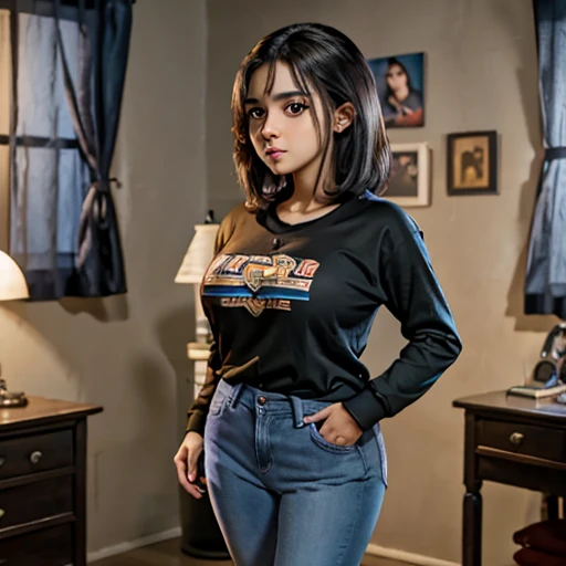 Dark nightmarish movie style, a petite cute shy innocent skinny with monstously huge fat size breasts Mexican nerdy emo teen, short volumetric hair, beautiful detailed brown eyes, cutely detailed lips, super cute highly detailed eyes and face, round shape ...