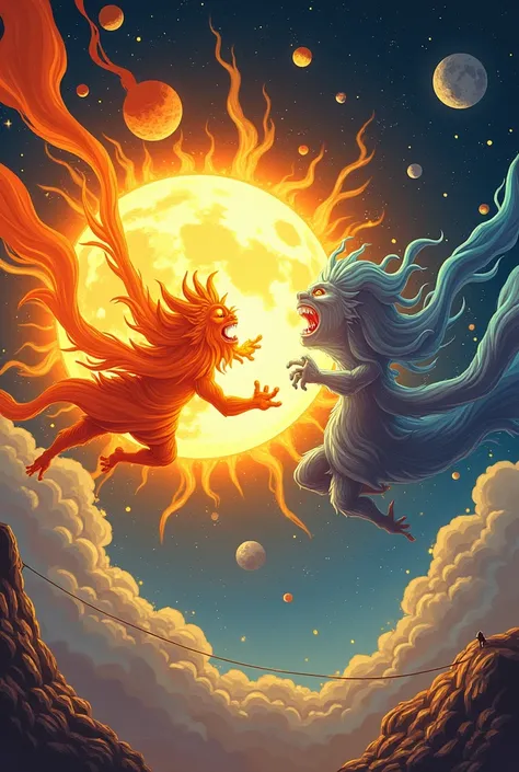 a large sun with arms fighting against a large moon with arms, epic fight, cartoon