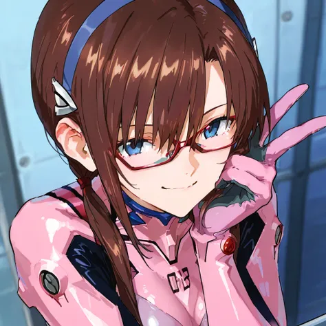  top quality , masterpiece,    748cm style   ,    1 girl,  Neon Genesis Evangelion 
Makinami Mari Illustrious、 long hair、 Brown Hair 、  twin tails 、（低い  twin tails ：1.5）、  headband 、青い  headband 、  blue eyes、Glasses（ split bangs ：1.5） 、  pink plug suit  、、...