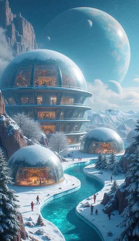 
Set Against Uranus Vast blue sand desert, Domehaven rises like glimmering oasis. transparent glass Domed Cities Sprout from the ground, eavh dome look like a snow globe, with snow and Christmas decorations. 

Domes look like beautiful snow-globes in the t...