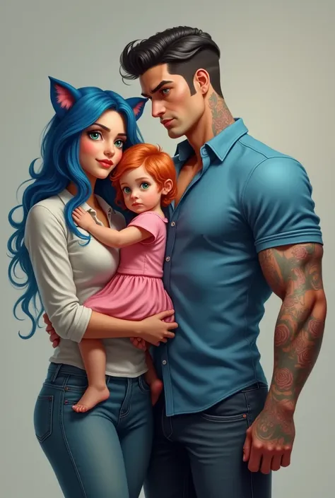 very high-resolution realism style, High quality, full color, very high-resolution, fine skin detail, perfect eyes, a woman and toddler, a woman with blue hair, blue eyes, and blue cat ears wearing a shirt and jeans holding a toddler with ginger hair and g...